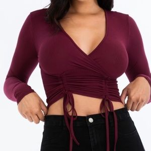 BURGUNDY LONG SLEEVE RIBBED FRONT TIE TOP SIZE SMALL